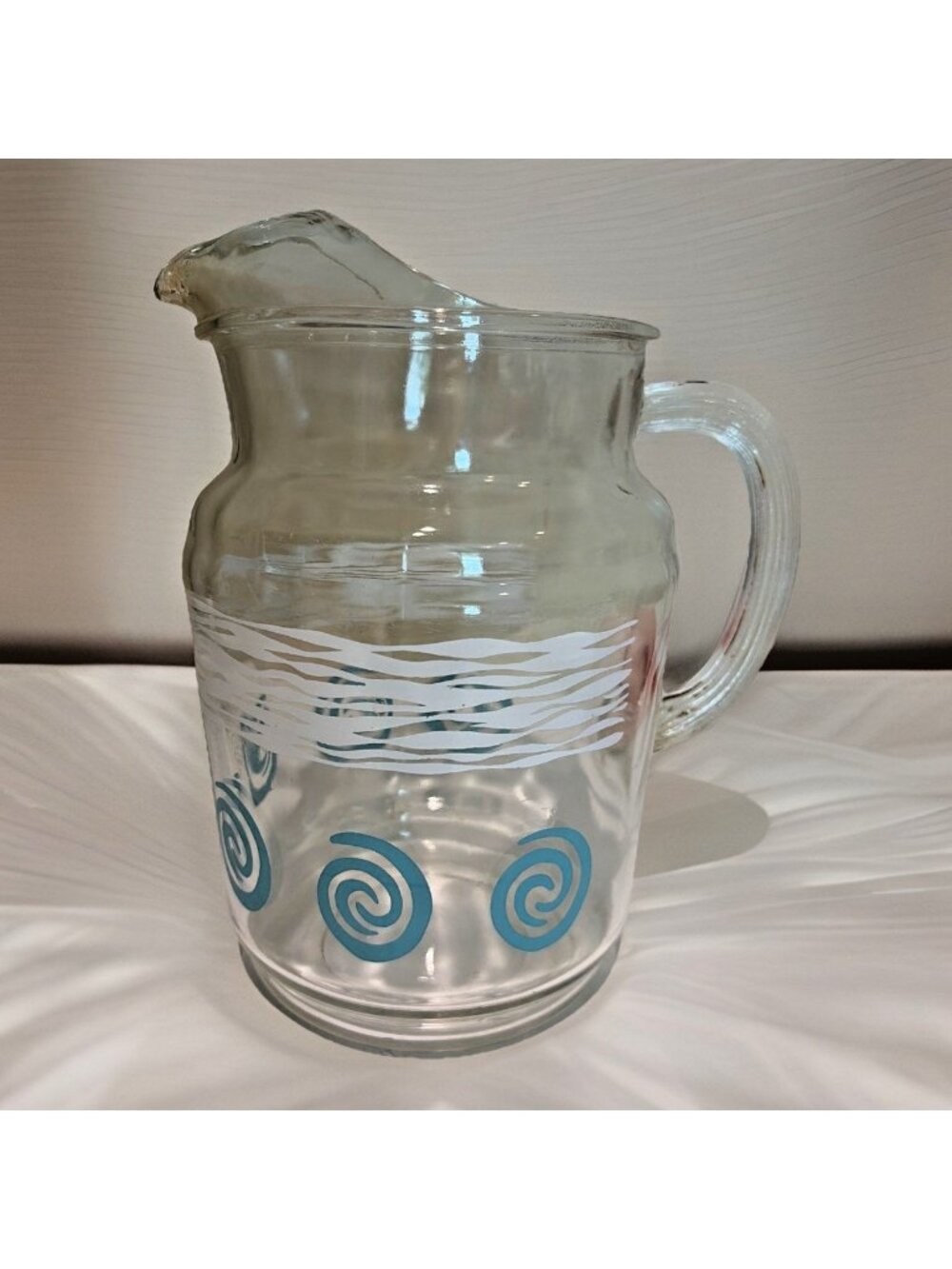 Vintage Hazel Atlas Clear Glass Pitcher Blue Swirl & White Wave 64 Oz Retro MCM